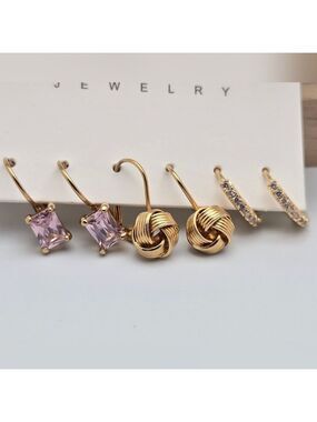 Gold-Tone Stud & Hoop Earring Set Knot, Purple Stone & Rhinestones 3/4”